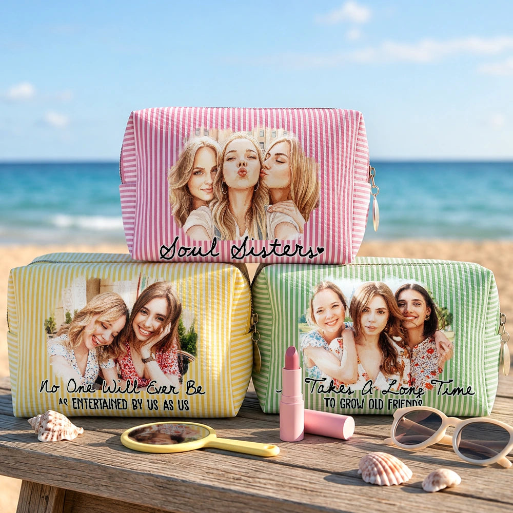 Custom Photo, Art Design, Summer, Gift For Bestie, Sentimental, Photo - Watercolor - With BG - Custom Photo Watercolor You Are The Friend Everybody Wishes They Had - Personalized Striped Cosmetic Bag