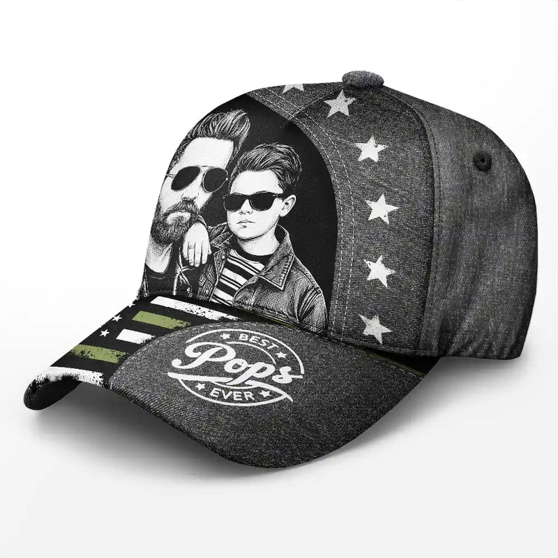 Gift For Father,Custom Photo,Independence Day,Art Design,Top Market,Confident,Photo - Pencil Sketch - Dark BG - Custom Photo White Pencil Sketch Art Best Dad Papa Ever - Personalized Classic Cap
