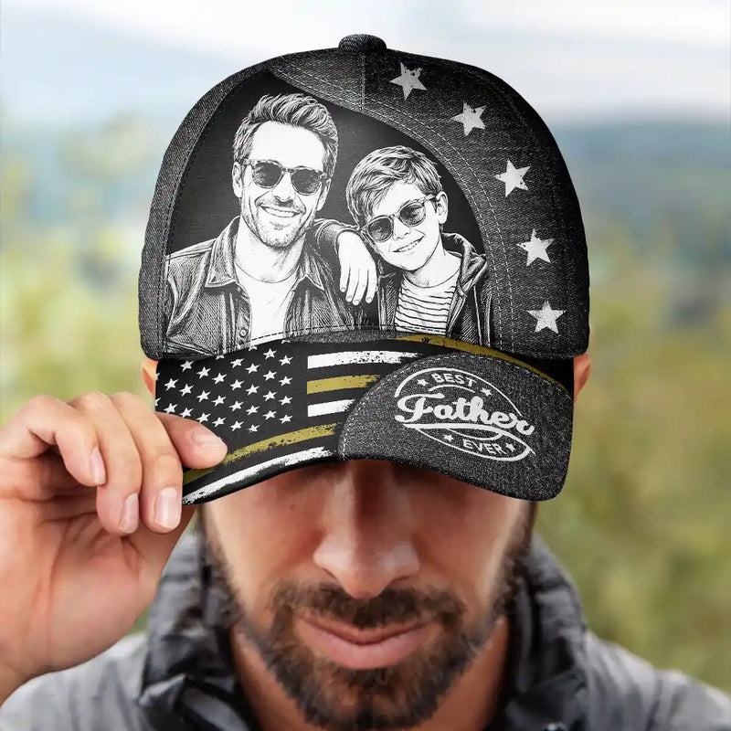 Gift For Father,Custom Photo,Independence Day,Art Design,Top Market,Confident,Photo - Pencil Sketch - Dark BG - Custom Photo White Pencil Sketch Art Best Dad Papa Ever - Personalized Classic Cap