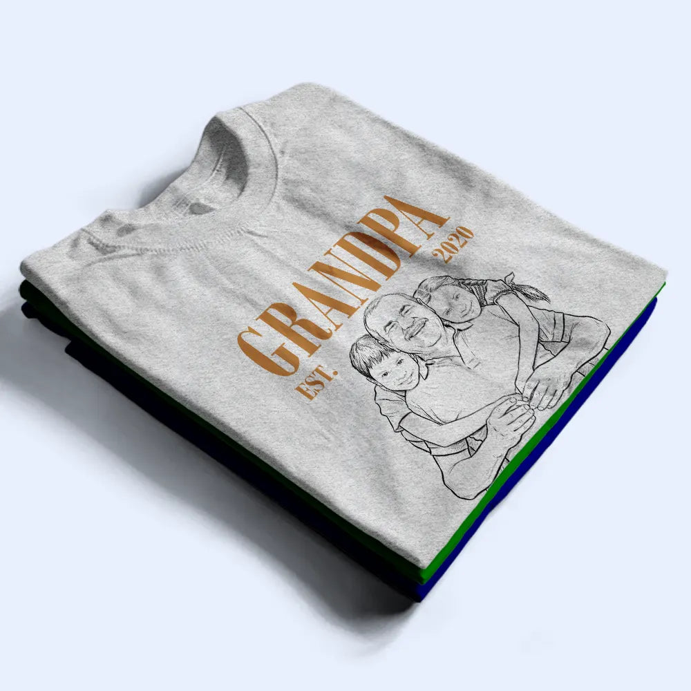 Gift For Father,Gift For Grandpa,Non-Eng,Photo - Pencil Sketch (Dark BG),Proud - Custom Photo White Pencil Sketch Art Daddy Grandpa Est Year - Personalized T Shirt