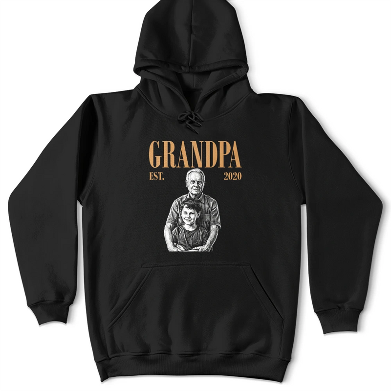 Gift For Father,Gift For Grandpa,Non-Eng,Photo - Pencil Sketch (Dark BG),Proud - Custom Photo White Pencil Sketch Art Daddy Grandpa Est Year - Personalized T Shirt