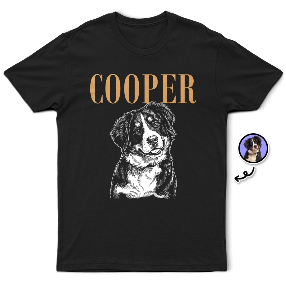 Pet Lovers,Pet Mom,Pet Dad,Dog Lovers,Dog Mom,Dog Dad,Cat Lovers,Cat Mom,Cat Dad,Non-Eng,Photo - Pencil Sketch (Dark BG),Humorous - Custom Photo White Pencil Sketch Art Dog Cat Portrait - Personalized T Shirt