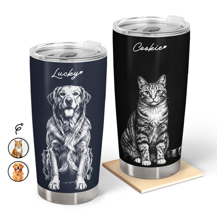 Custom Photo White Pencil Sketch Art Dog Cat Portrait - Personalized Tumbler
