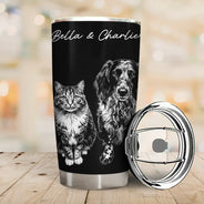 Custom Photo, Art Design, Pet Lovers, Adorable, Photo - Pencil Sketch - Dark BG - Custom Photo White Pencil Sketch Art Dog Cat Portrait - Personalized Tumbler