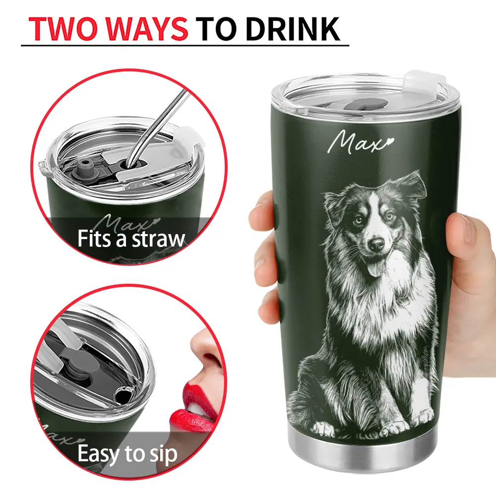 Custom Photo, Art Design, Pet Lovers, Adorable, Photo - Pencil Sketch - Dark BG - Custom Photo White Pencil Sketch Art Dog Cat Portrait - Personalized Tumbler