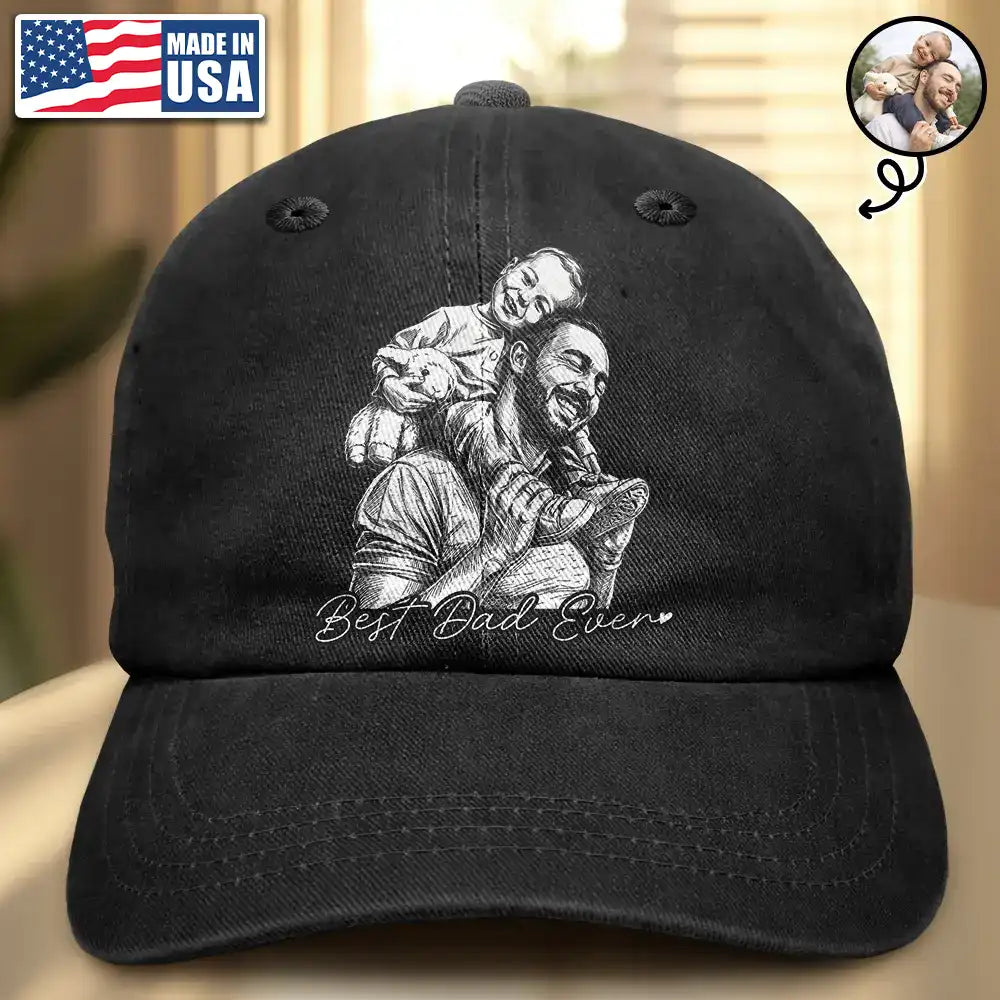 Custom Photo White Pencil Sketch Art Family Dog Cat Portrait - Personalized Vintage Washed Denim Cap
