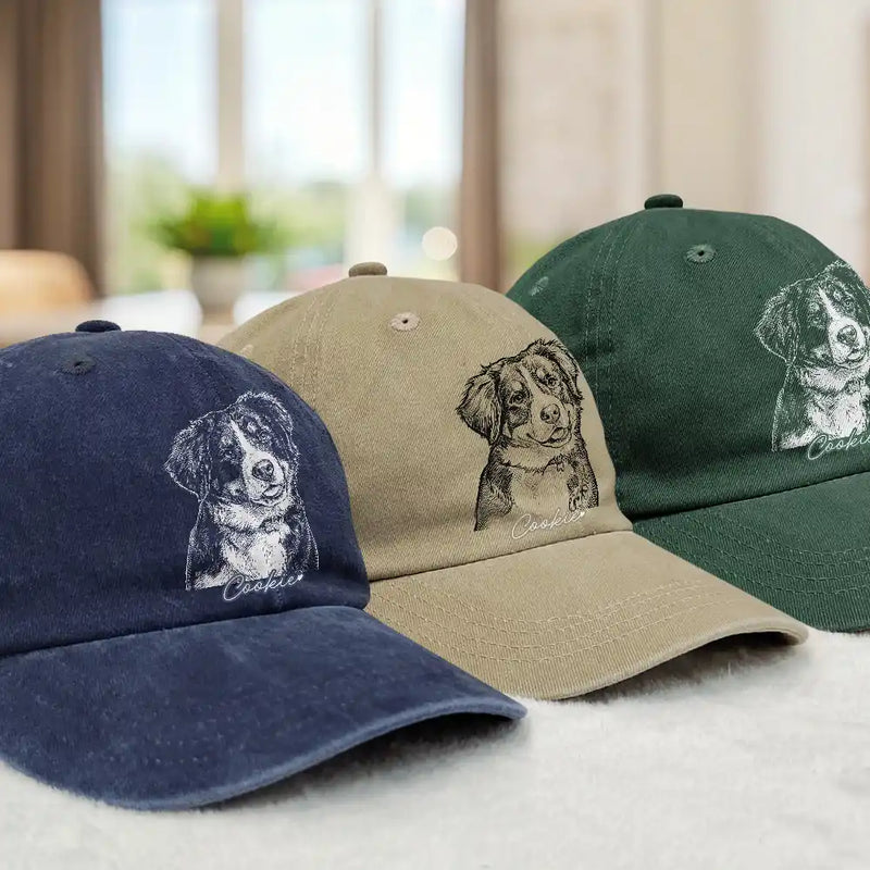Gift For Father,Gift For Grandpa,Pet Lovers,Pet Mom,Pet Dad,Dog Lovers,Dog Mom,Dog Dad,Cat Lovers,Cat Mom,Cat Dad,Non-Eng,Photo - Pencil Sketch (Dark BG),Humorous - Custom Photo White Pencil Sketch Art Family Dog Cat Portrait - Personalized Vintage Washed Denim Cap