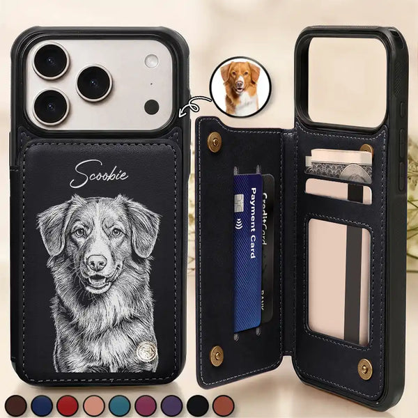 Custom Photo,Art Design,Pet Lovers,Adorable,Photo - Pencil Sketch - Dark BG - Custom Photo White Pencil Sketch Art For Dog And Cat Lovers - Personalized Leather Flip Wallet Phone Case