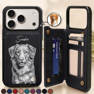 Custom Photo,Art Design,Pet Lovers,Adorable,Photo - Pencil Sketch - Dark BG - Custom Photo White Pencil Sketch Art For Dog And Cat Lovers - Personalized Leather Flip Wallet Phone Case