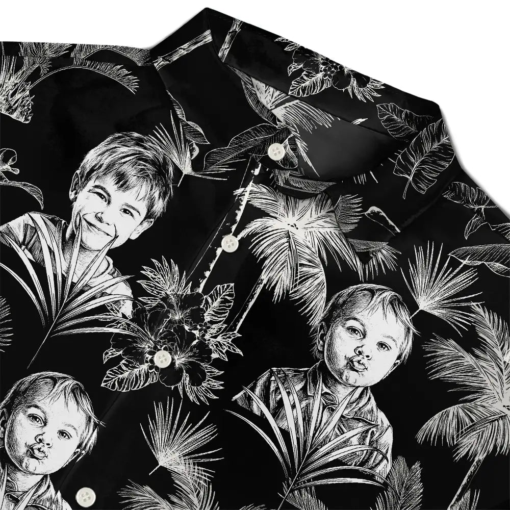 Custom Photo, Art Design, Summer, Pet Lovers, Playful, Photo - Pencil Sketch - Dark BG - Custom Photo White Pencil Sketch Art Toile De Jouy Pattern Family Pet - Personalized Hawaiian Shirt