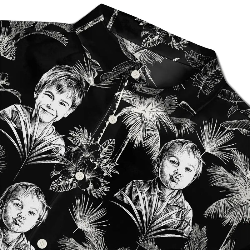 Custom Photo, Art Design, Summer, Pet Lovers, Playful, Photo - Pencil Sketch - Dark BG - Custom Photo White Pencil Sketch Art Toile De Jouy Pattern Family Pet - Personalized Hawaiian Shirt