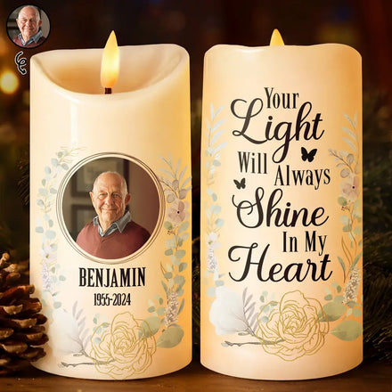 Custom Photo Your Light Will Always Shine In Our Hearts Memorial - Personalized Flameless LED Candle
