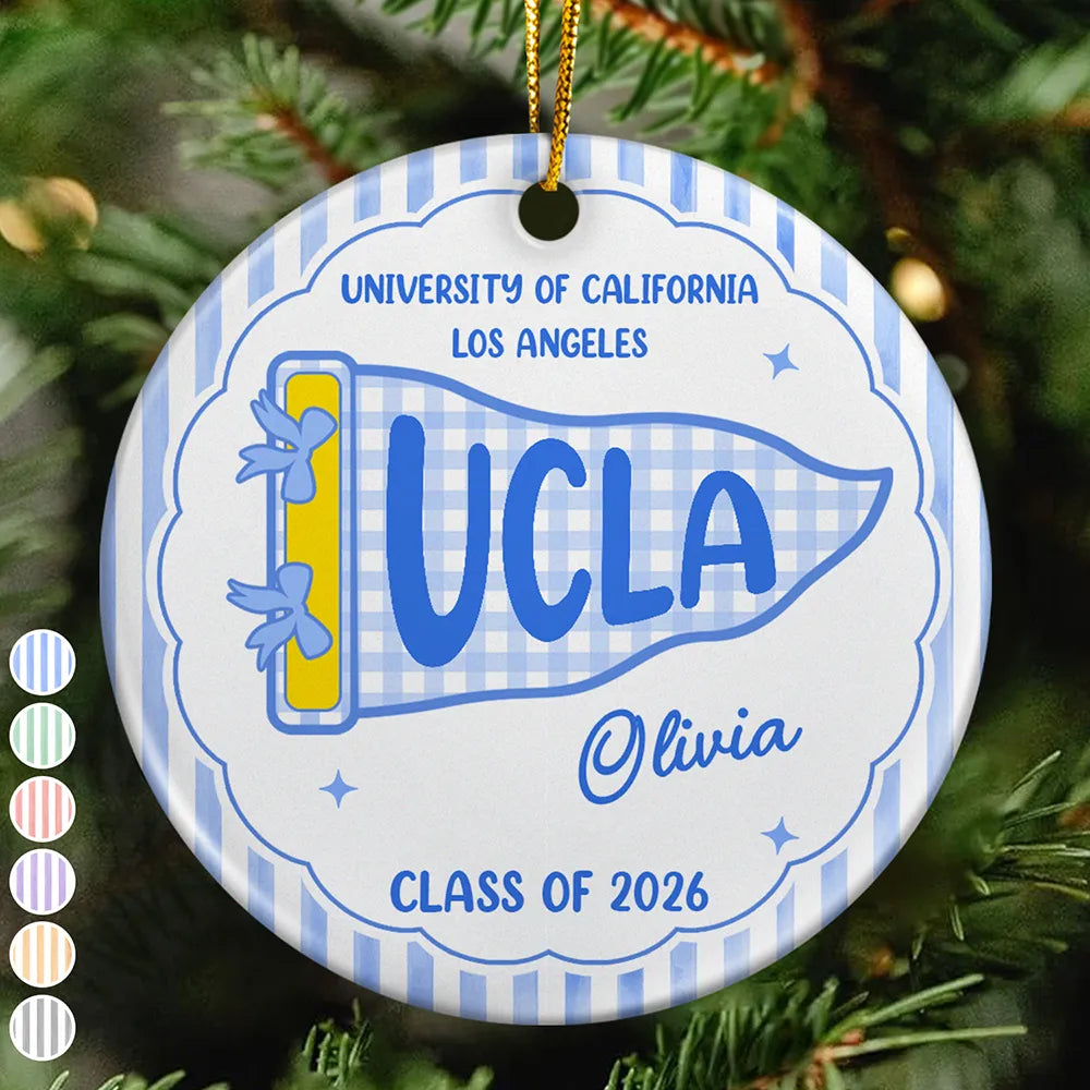 Christmas,Proud,Graduation,Gift For Yourself,Gift For Women,Warp Text - Custom School Name College Pennant Gift For College Student - Personalized Circle Ceramic Ornament