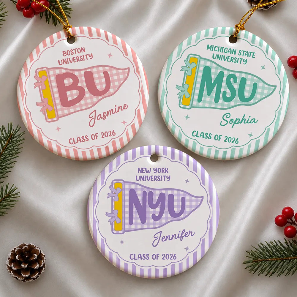 Christmas,Proud,Graduation,Gift For Yourself,Gift For Women,Warp Text - Custom School Name College Pennant Gift For College Student - Personalized Circle Ceramic Ornament