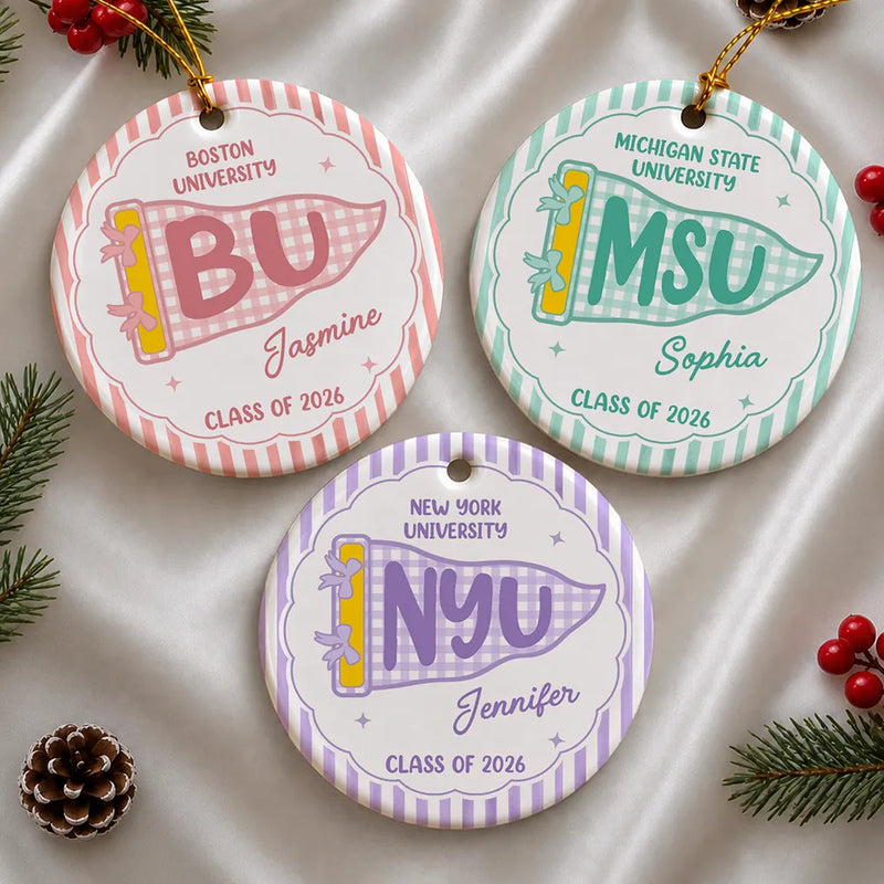 Christmas,Proud,Graduation,Gift For Yourself,Gift For Women,Warp Text - Custom School Name College Pennant Gift For College Student - Personalized Circle Ceramic Ornament