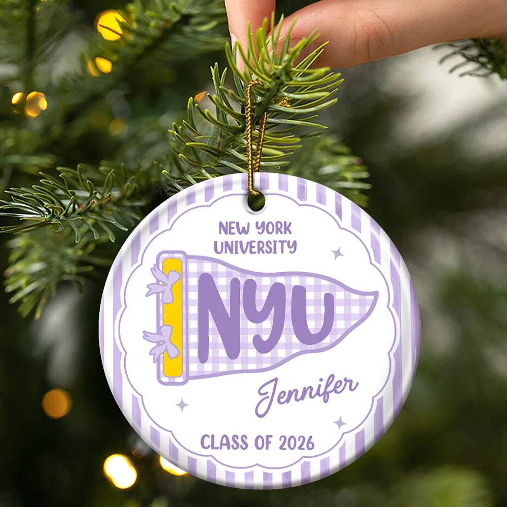 Christmas,Proud,Graduation,Gift For Yourself,Gift For Women,Warp Text - Custom School Name College Pennant Gift For College Student - Personalized Circle Ceramic Ornament