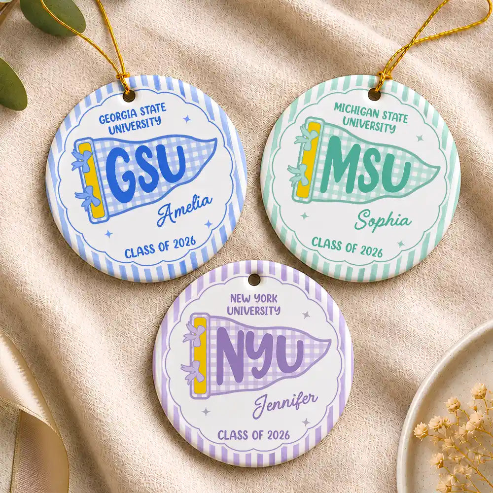 Christmas,Proud,Graduation,Gift For Yourself,Gift For Women,Warp Text - Custom School Name College Pennant Gift For College Student - Personalized Circle Ceramic Ornament