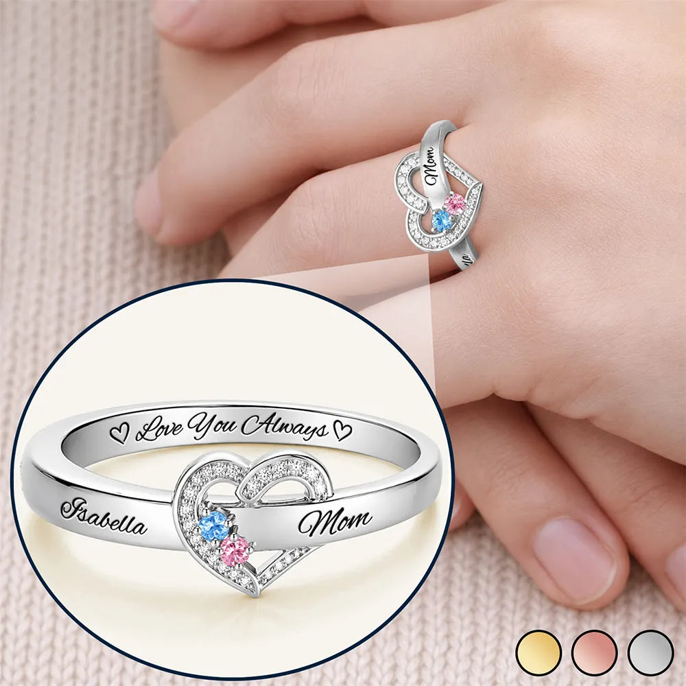 Gift For Mother,Love,Mom - Daughters (Adult),Happy,Gift For Daughter - Custom Gemstones Love You Always Mom And Daughters - Personalized Birthstone Heart Ring