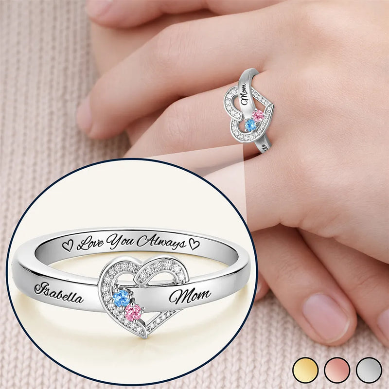 Gift For Mother,Love,Mom - Daughters (Adult),Happy,Gift For Daughter - Custom Gemstones Love You Always Mom And Daughters - Personalized Birthstone Heart Ring