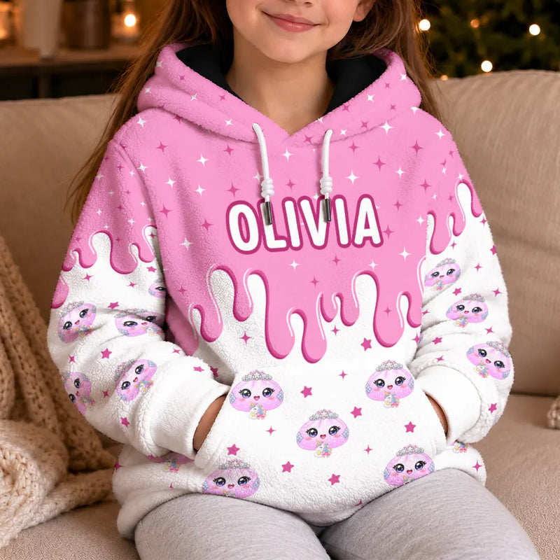 Playful,Christmas,Gift For Kids,Icon - Custom Name Dumpling Pattern Dripping Ice Cream Squishy Hunting Gift For Kids - Personalized Fleece Hoodie