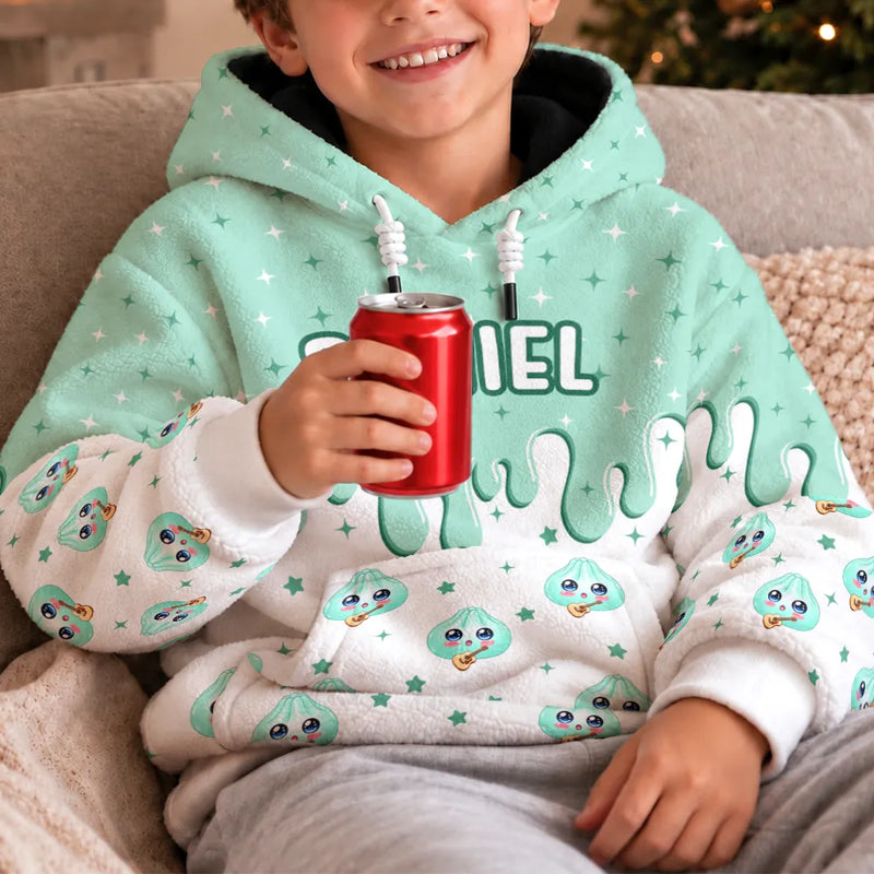 Playful,Christmas,Gift For Kids,Icon - Custom Name Dumpling Pattern Dripping Ice Cream Squishy Hunting Gift For Kids - Personalized Fleece Hoodie