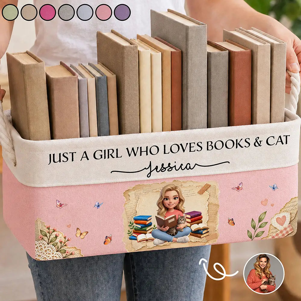 Cat Lovers,Art Design,Confident,Reading,Pet Lovers,Photo - 3D Reading Woman & Man - Custom Photo 3D Book Lover Just A Girl Who Loves Books And Cats - Personalized Storage Basket