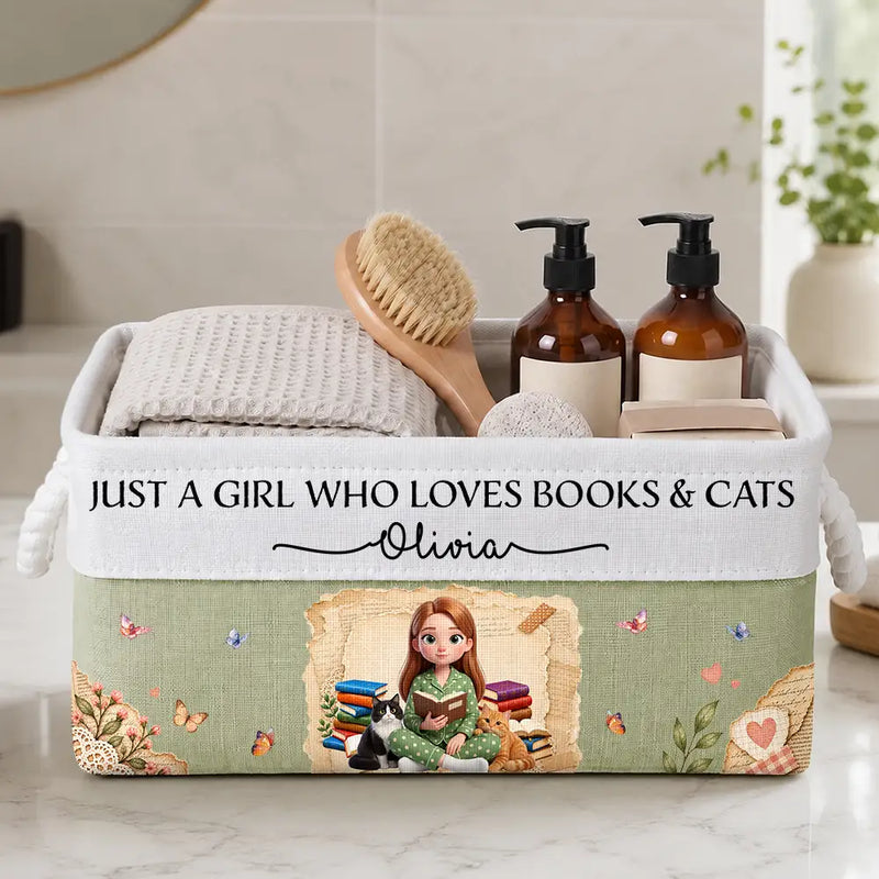 Cat Lovers,Art Design,Confident,Reading,Pet Lovers,Photo - 3D Reading Woman & Man - Custom Photo 3D Book Lover Just A Girl Who Loves Books And Cats - Personalized Storage Basket