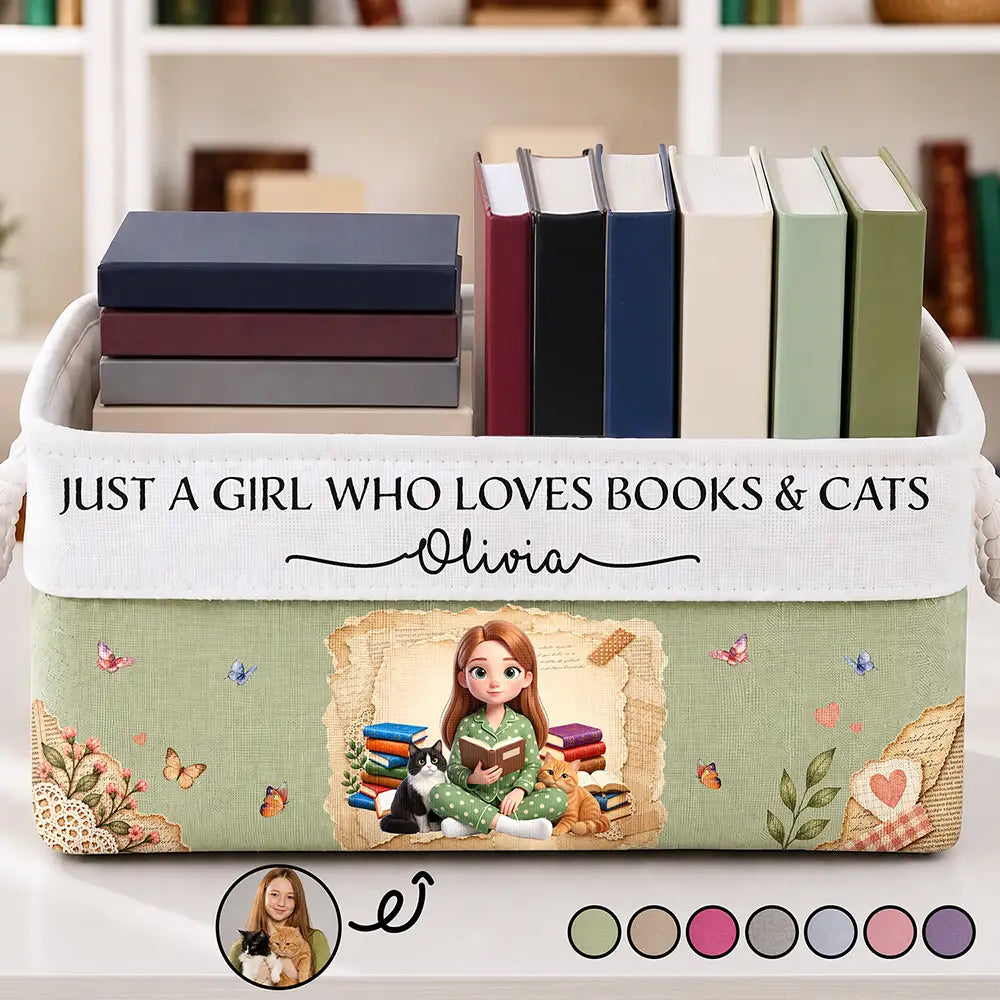 Cat Lovers,Art Design,Confident,Reading,Pet Lovers,Photo - 3D Reading Woman & Man - Custom Photo 3D Book Lover Just A Girl Who Loves Books And Cats - Personalized Storage Basket