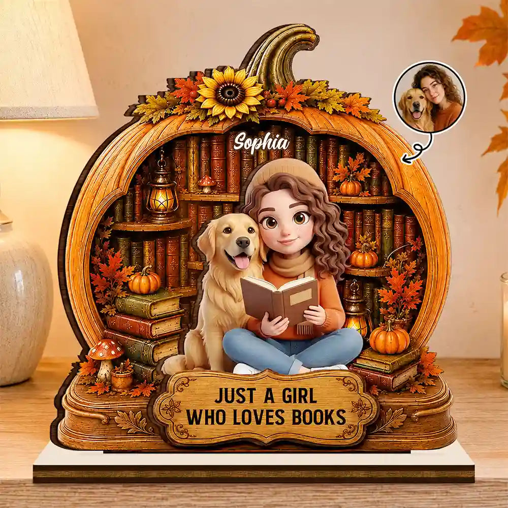 Art Design,Cozy,Reading,Gift For Yourself,Photo - 3D Reading Woman & Man - Custom Photo 3D Book Lover Just A Girl Who Loves Books Pumpkin - Personalized Custom Shaped Wooden Plaque