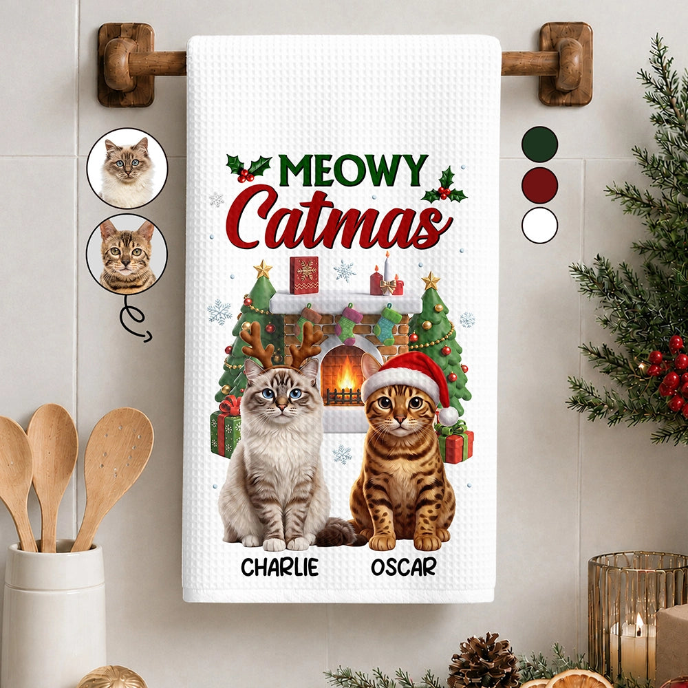 Custom Photo 3D Christmas Themed Pet Meowy Catmas Feliz Navidog - Personalized Kitchen Towel