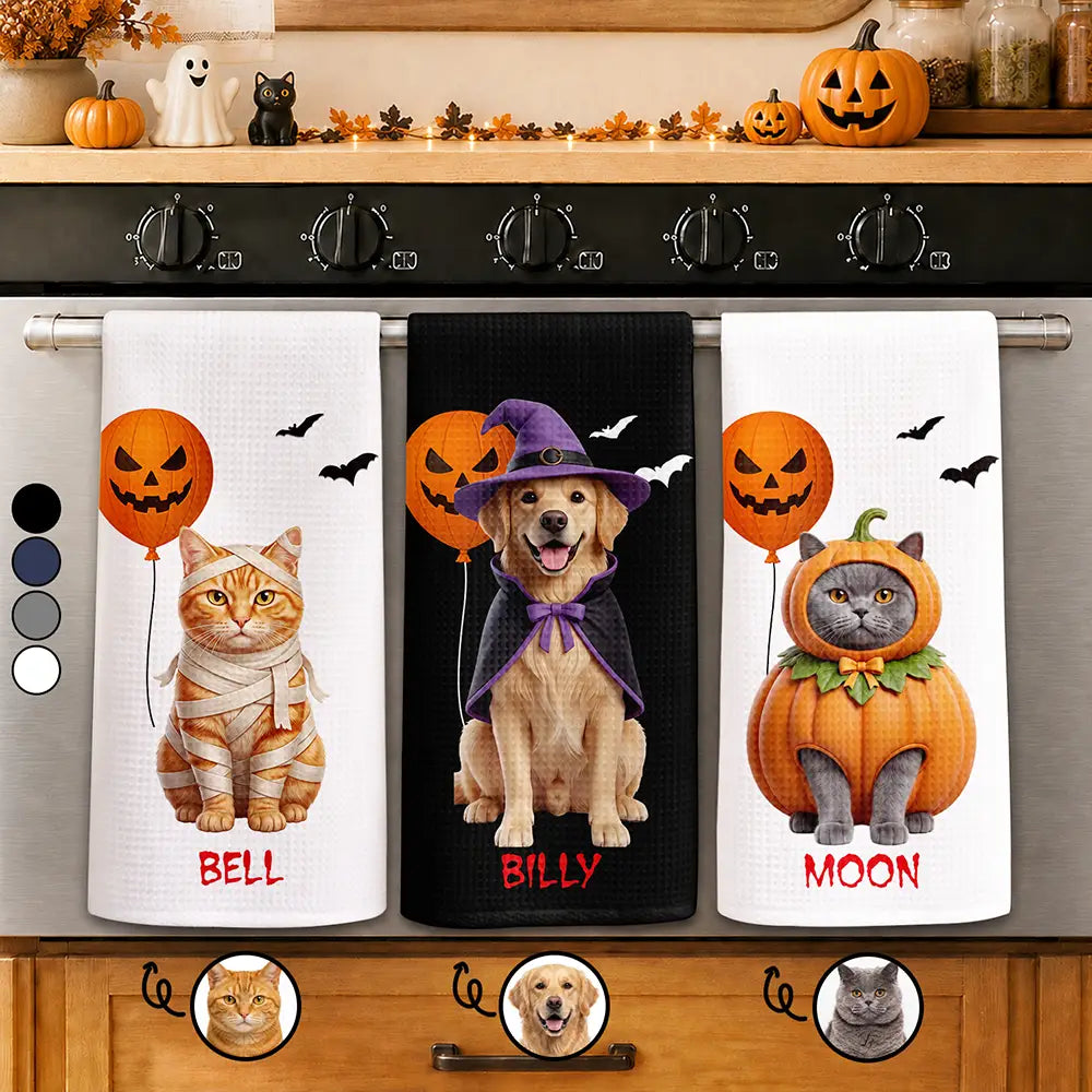 Pet Mom,Art Design,Playful,Halloween,Gift For Mother,Pet Lovers,Photo - Halloween Theme Accessories 3D Cartoon - Custom Photo 3D Halloween Themed Pet Spooky Costume Gift For Pet Lovers - Personalized Kitchen Towel