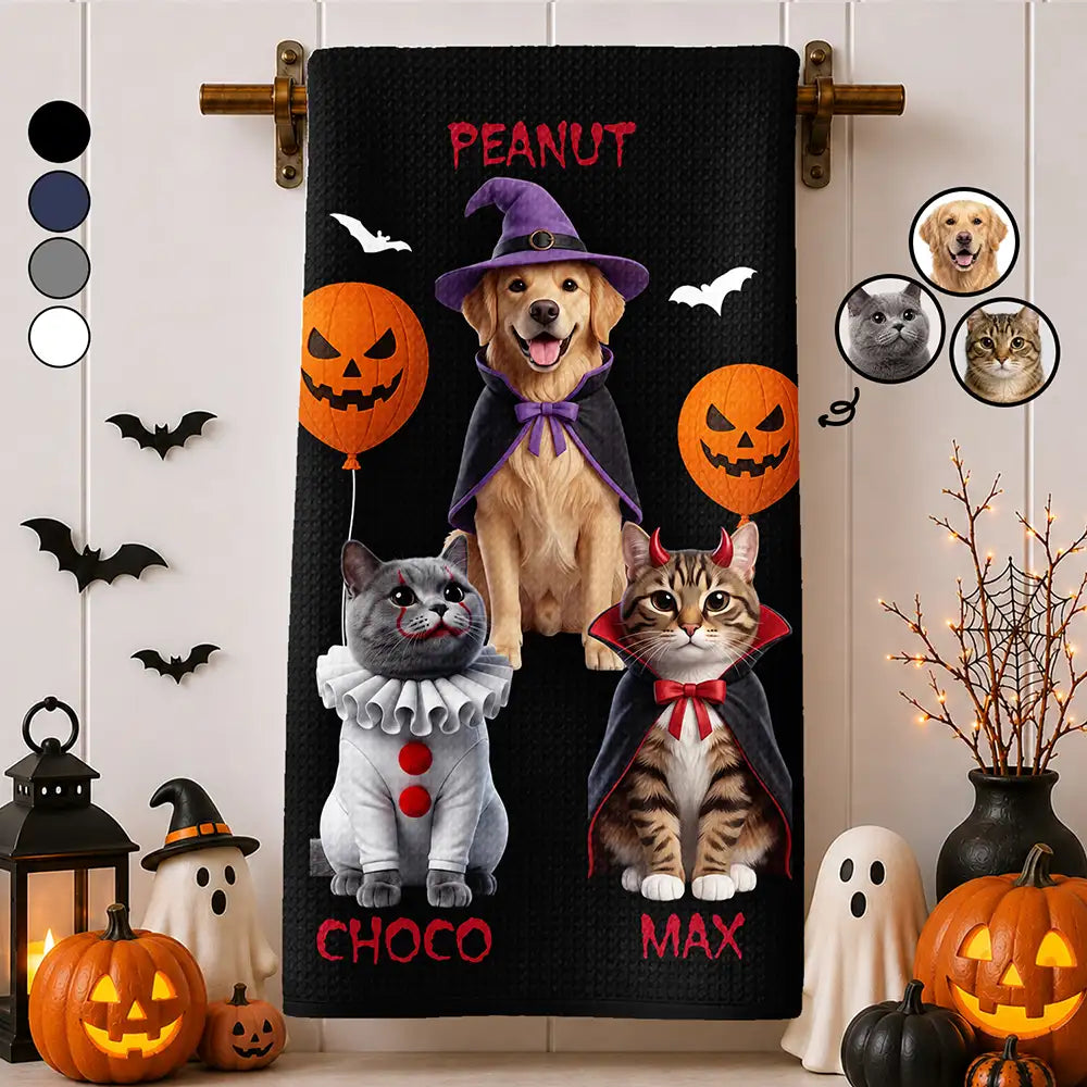 Pet Mom,Art Design,Playful,Halloween,Gift For Mother,Pet Lovers,Photo - Halloween Theme Accessories 3D Cartoon - Custom Photo 3D Halloween Themed Pet Spooky Costume Gift For Pet Lovers - Personalized Kitchen Towel