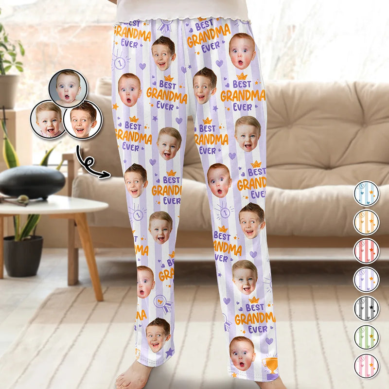 Playful,Custom Photo,Gift For Mother,Cut-Face Photo - Custom Photo Best Mom Ever Colorful Stripes Pattern - Personalized Pajama Pants