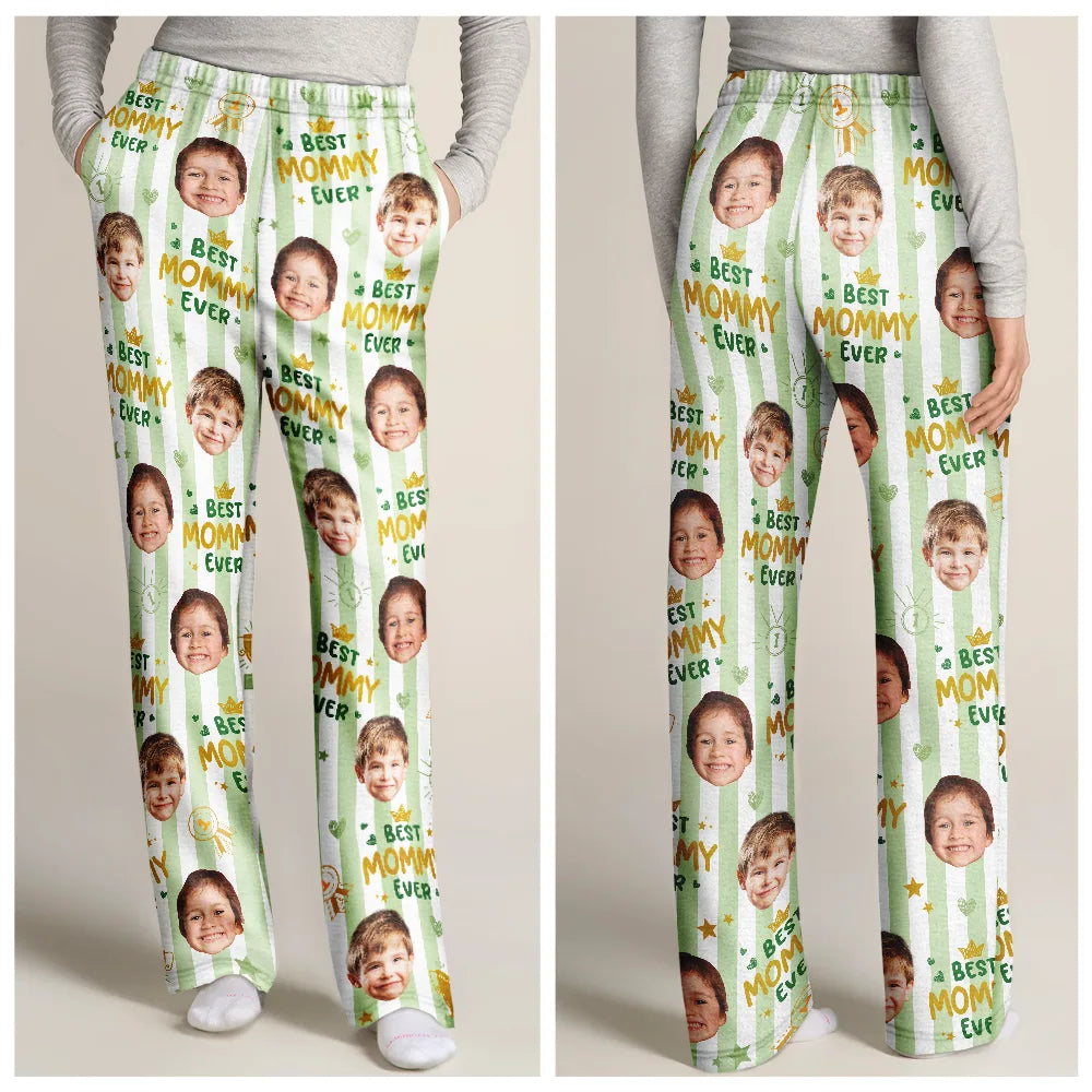 Playful,Custom Photo,Gift For Mother,Cut-Face Photo - Custom Photo Best Mom Ever Colorful Stripes Pattern - Personalized Pajama Pants