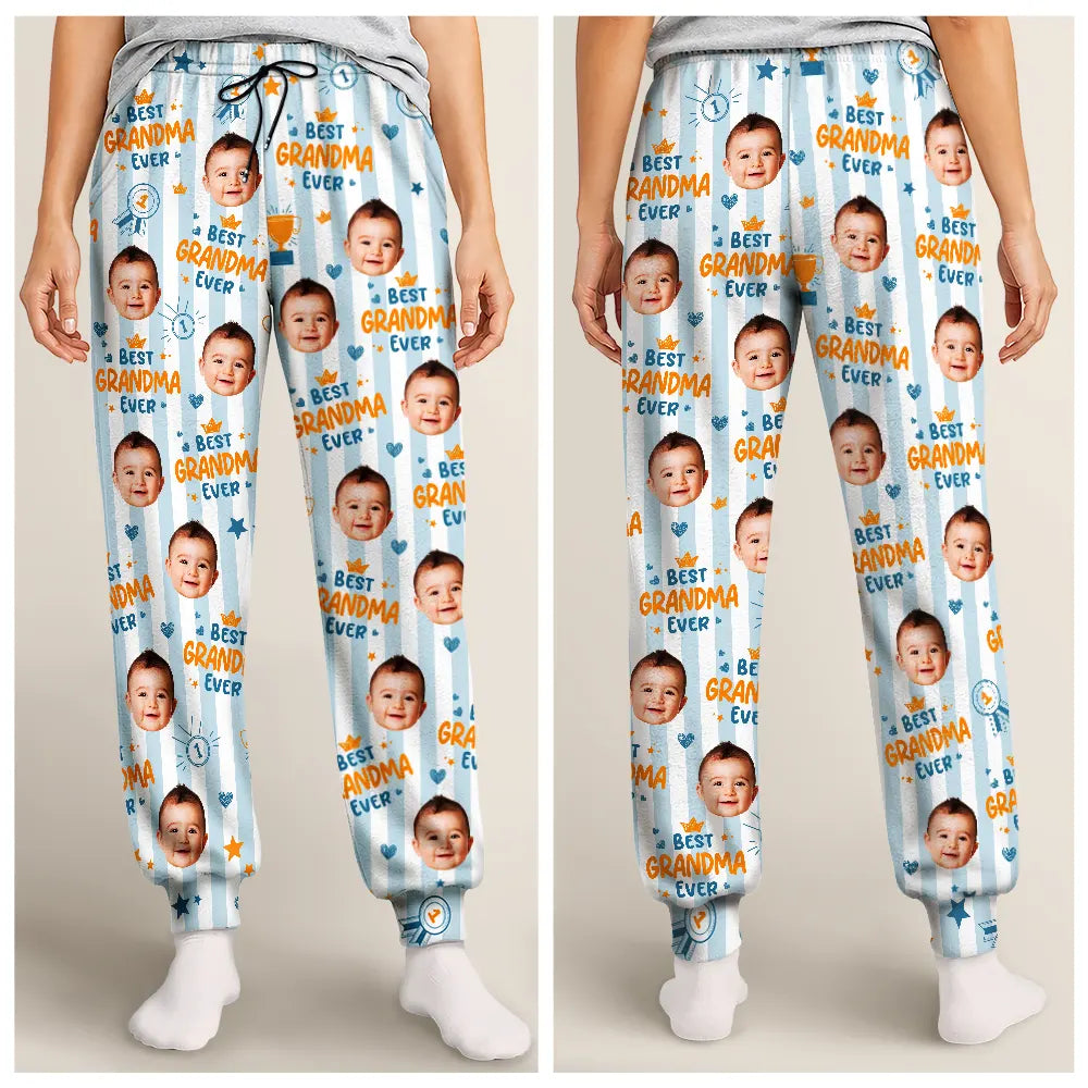 Playful,Custom Photo,Gift For Mother,Cut-Face Photo - Custom Photo Best Mom Ever Colorful Stripes Pattern - Personalized Pajama Pants