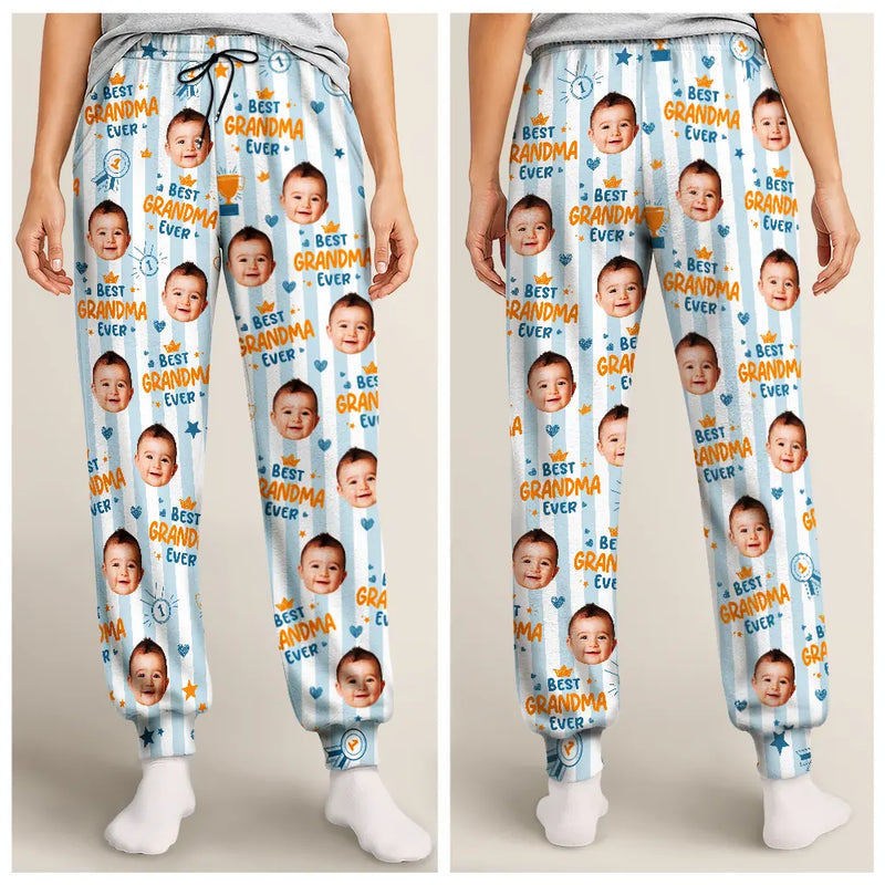 Playful,Custom Photo,Gift For Mother,Cut-Face Photo - Custom Photo Best Mom Ever Colorful Stripes Pattern - Personalized Pajama Pants