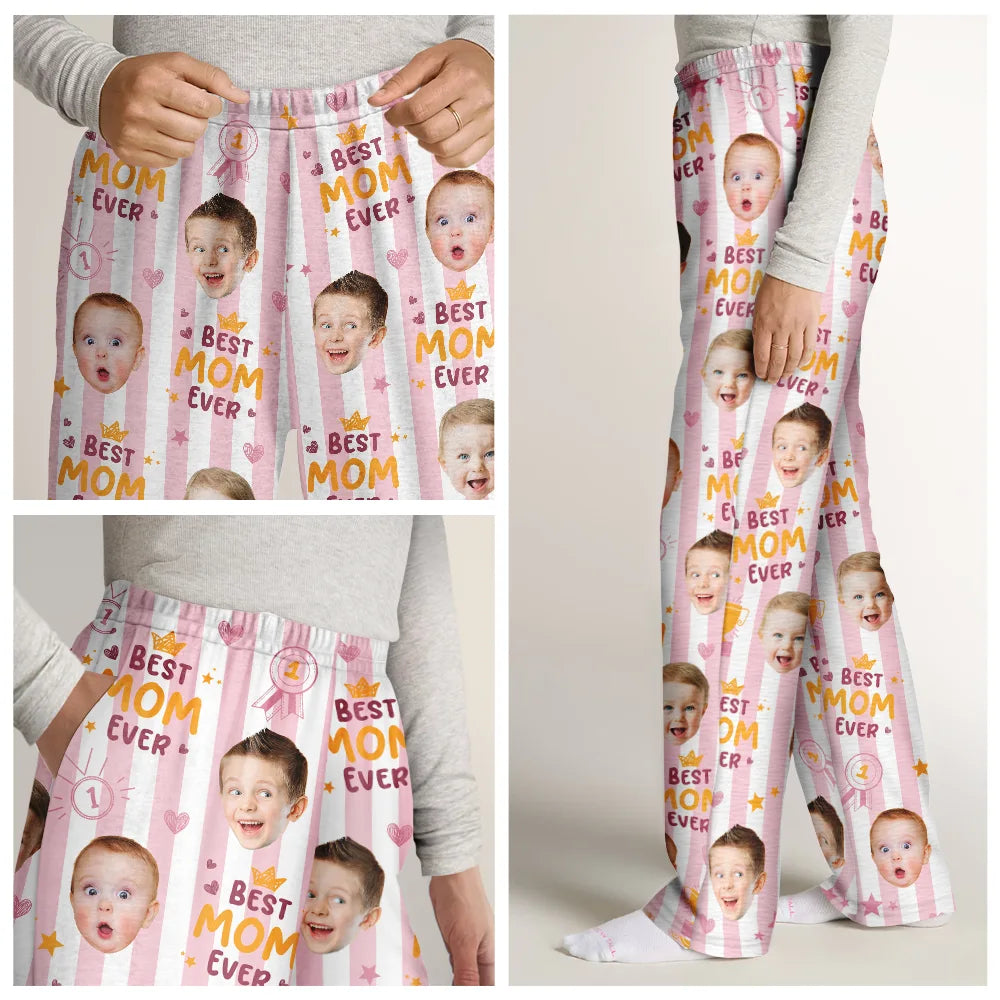 Playful,Custom Photo,Gift For Mother,Cut-Face Photo - Custom Photo Best Mom Ever Colorful Stripes Pattern - Personalized Pajama Pants