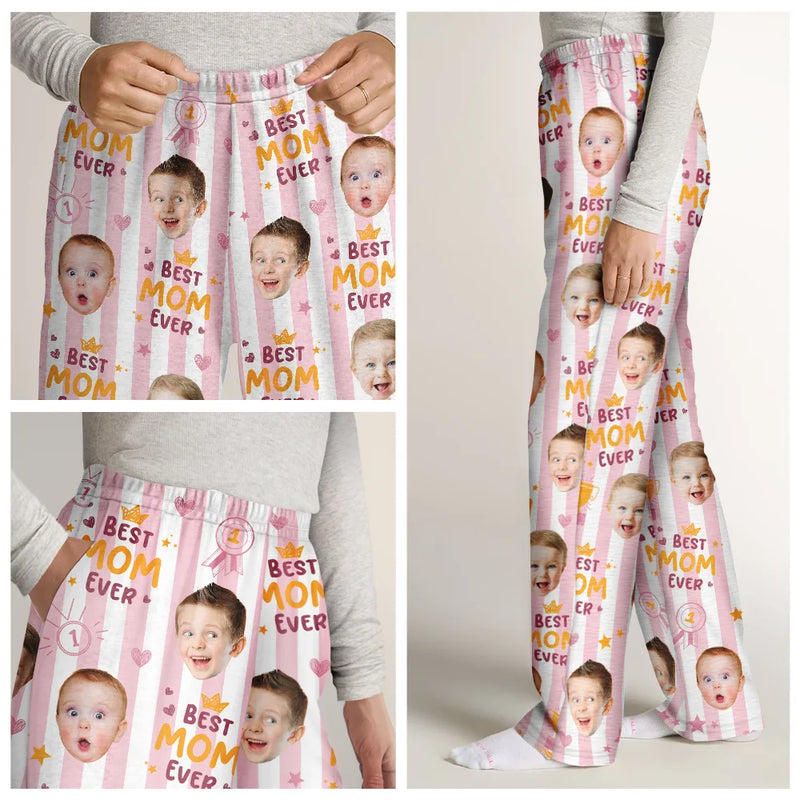 Playful,Custom Photo,Gift For Mother,Cut-Face Photo - Custom Photo Best Mom Ever Colorful Stripes Pattern - Personalized Pajama Pants