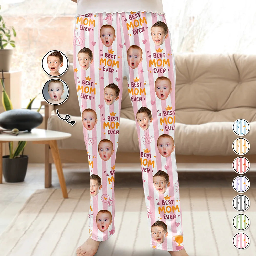Playful,Custom Photo,Gift For Mother,Cut-Face Photo - Custom Photo Best Mom Ever Colorful Stripes Pattern - Personalized Pajama Pants