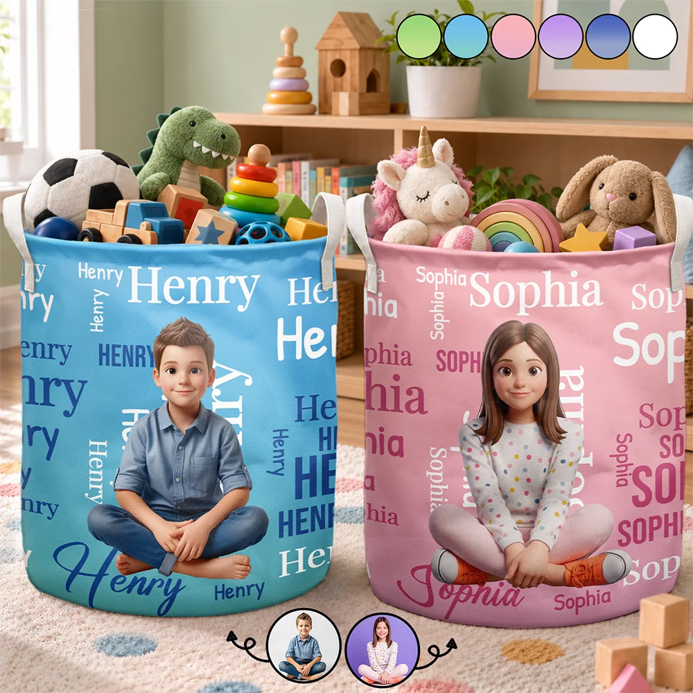 Custom Photo Cartoon Portrait Name Word Pattern Gift For Kids - Personalized Laundry Basket, Storage Basket