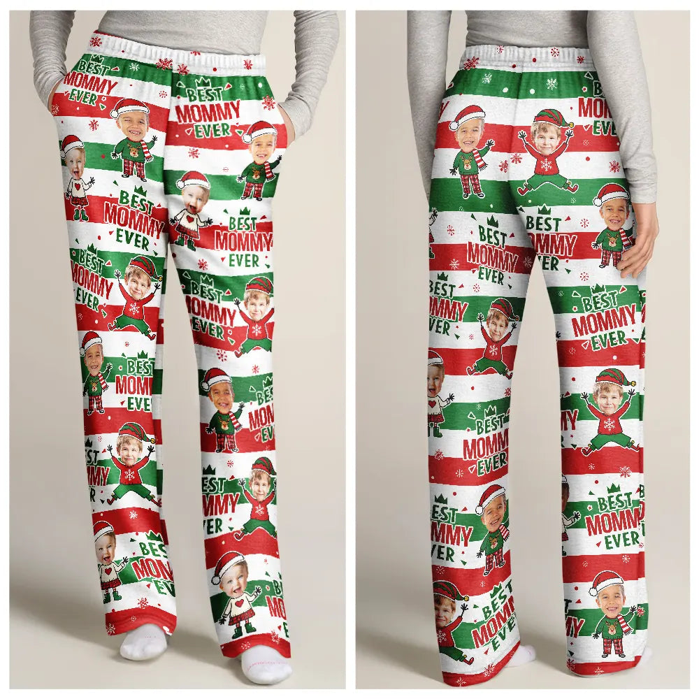 Gift For Father,Playful,Christmas,Custom Photo,Cut-Face Photo - Custom Photo Christmas Stripes Best Dad Mom Grandpa Grandma Ever - Personalized Pajama Pants