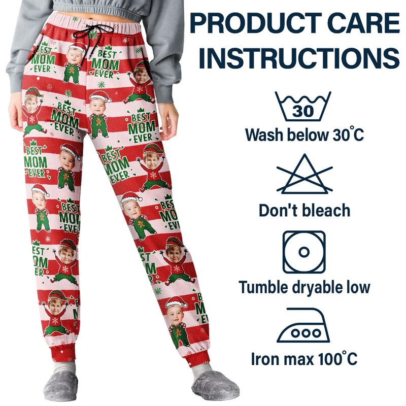 Gift For Father,Playful,Christmas,Custom Photo,Cut-Face Photo - Custom Photo Christmas Stripes Best Dad Mom Grandpa Grandma Ever - Personalized Pajama Pants