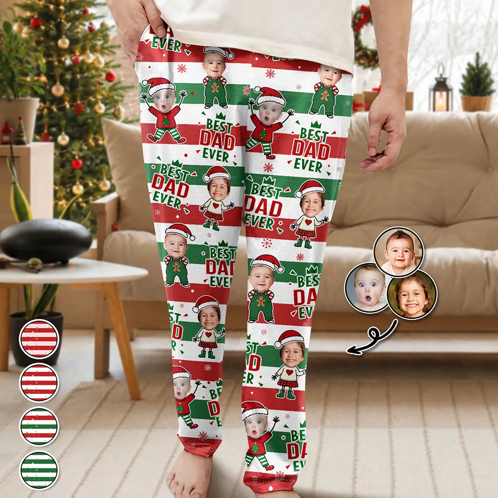 Custom Photo Christmas Best Dad Ever Striped Pattern - Personalized Pajama Pants