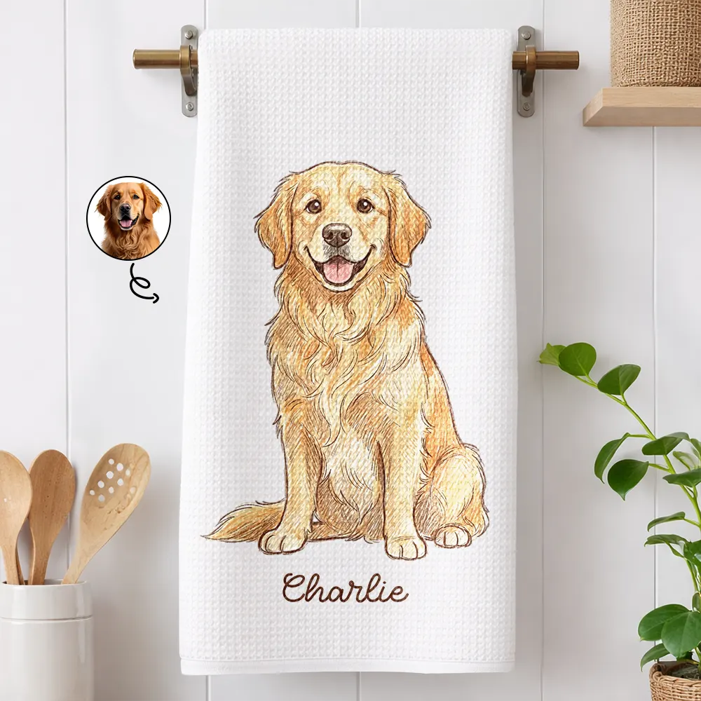 Custom Photo Colored Pencil Sketch Funny Dog Cat Pet - Personalized Kitchen Towel