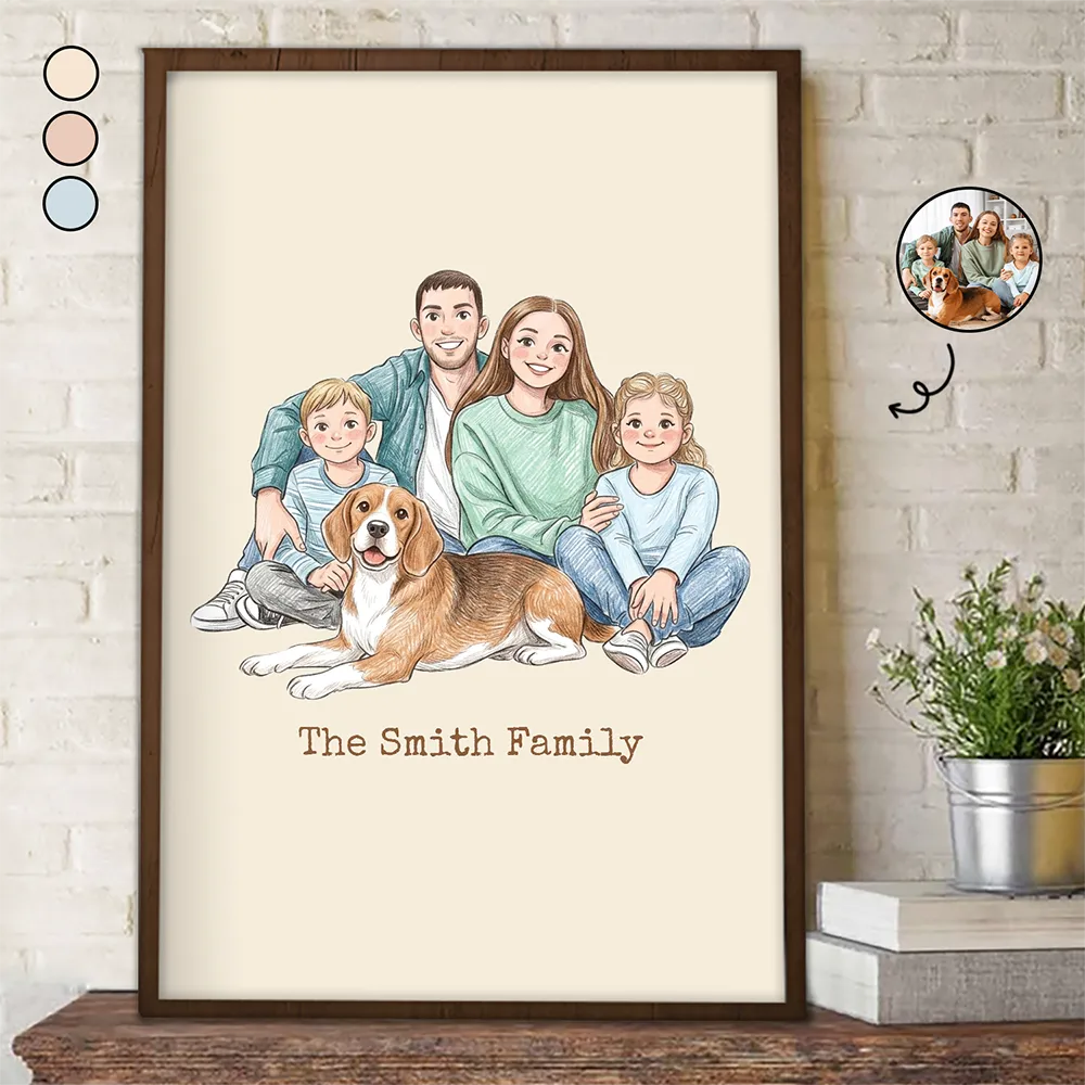 Custom Photo Colored Pencil Sketch Happy Family Dad Mom Kid Pet - Personalized Poster