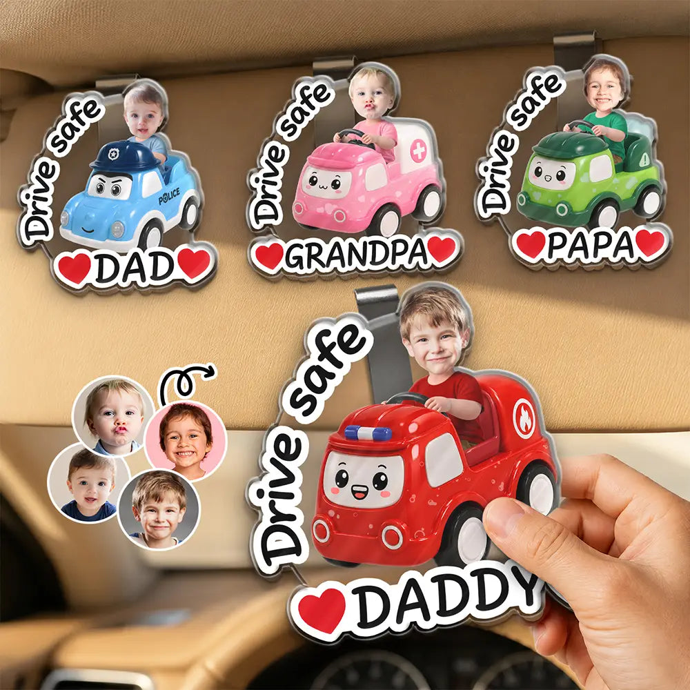 Custom Photo Cute Kid With Car Drive Safe Daddy - Personalized Custom Shaped Acrylic Car Visor Clip