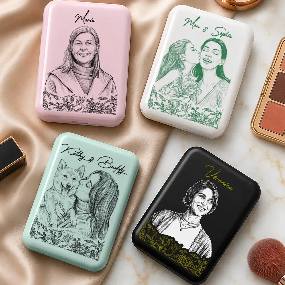 Custom Photo Family Couple Pet Pencil Sketch Toile De Jouy - Personalized LED Compact Mirror