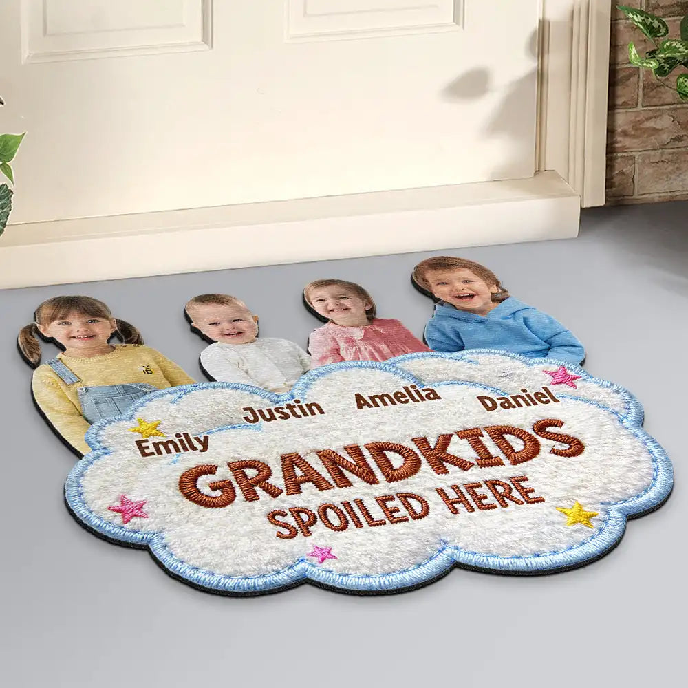 Gift For Grandma,Gift For Grandpa,Grandpa - Grandkids,Grandma - Grandkids,Gift For Women,Gift For Men,Happy,Custom Photo - Custom Photo Faux Embroidery Effect Spoiled Grandkids Live Here - Personalized Custom Shaped Doormat