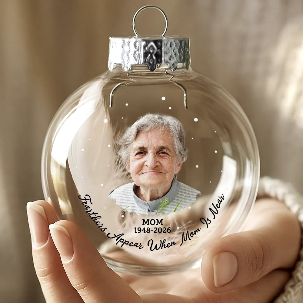 Custom Photo Feathers Appear When Dad Is Near - Personalized Glass Bauble Ornament