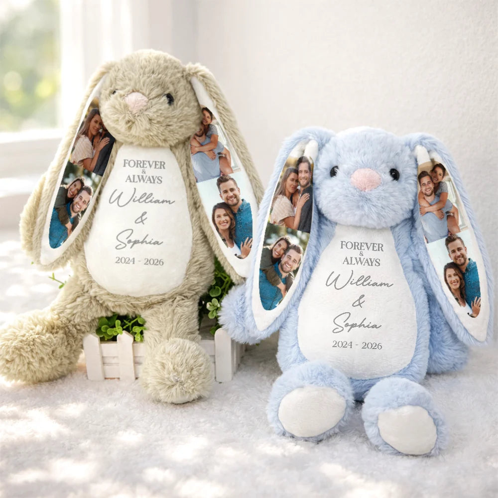 Art Design,Anniversary,Romantic,Gift For Couples,Photo Collage - Custom Photo Forever & Always Couples Anniversary - Personalized Soft Toy Bunny